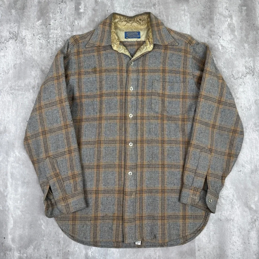 Vintage Pendleton Lodge Shirt Mens Medium Grey Brown Plaid Wool 60s 70s USA Made